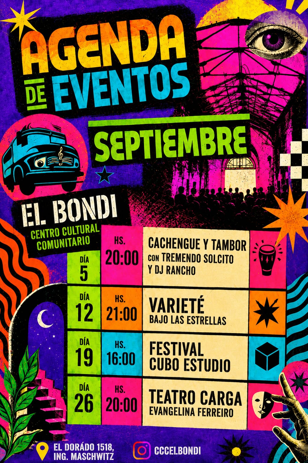 Agenda de eventos de septiembre en El Bondi: Cachengue y Tambor, Varieté Bajo las Estrellas, Festival Cubo Estudio y Teatro Carga